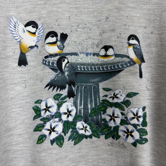 Vtg 90s Morning Sun 3X Collared Sweatshirt Textured Graphic Birds at Birdbath - Picture 2 of 11